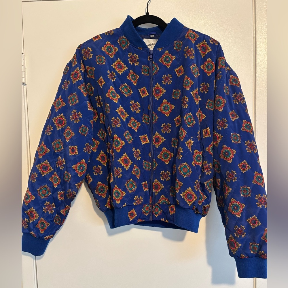 Jacqueline Ferrar Blue Geometric Pattern Bomber Jacket